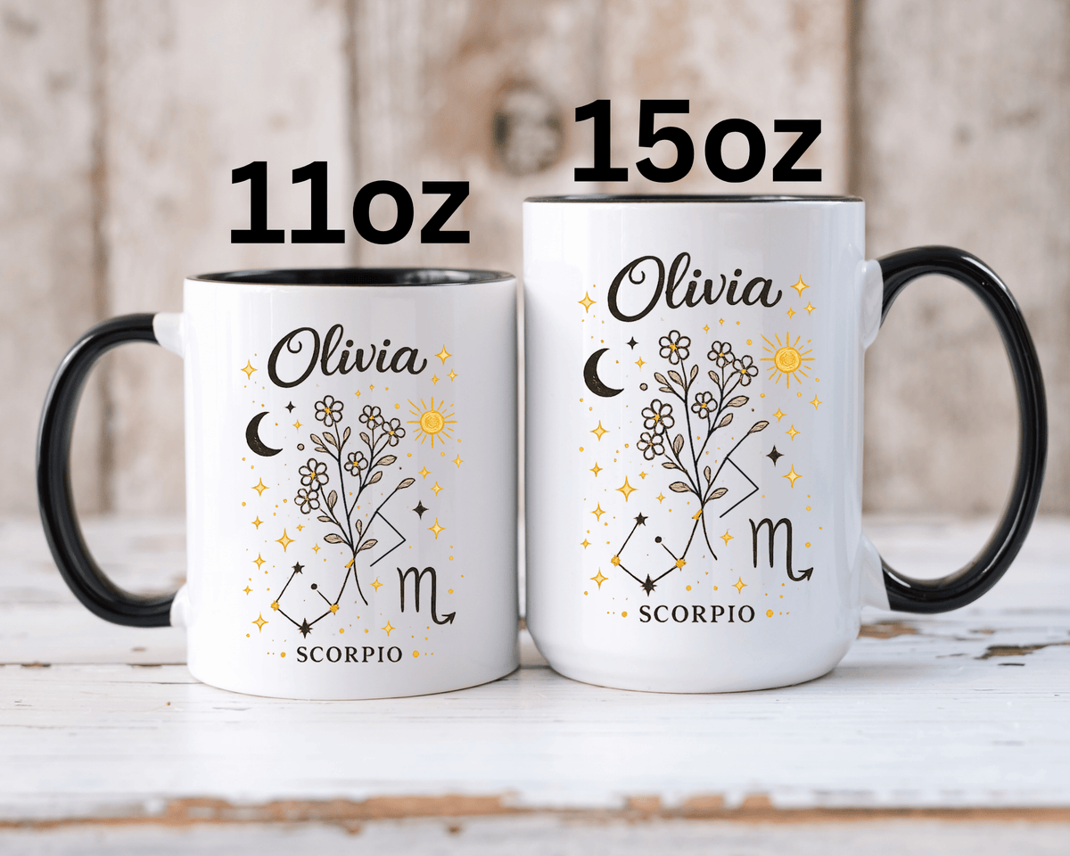 Personalized Scorpio Zodiac Mug, Custom Name Astrology Coffee Mug, Scorpio Birth Sign Gift for Her, Celestial Horoscope Cup