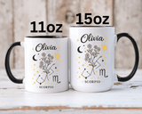 Personalized Scorpio Zodiac Mug, Custom Name Astrology Coffee Mug, Scorpio Birth Sign Gift for Her, Celestial Horoscope Cup