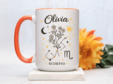 Personalized Scorpio Zodiac Mug, Custom Name Astrology Coffee Mug, Scorpio Birth Sign Gift for Her, Celestial Horoscope Cup