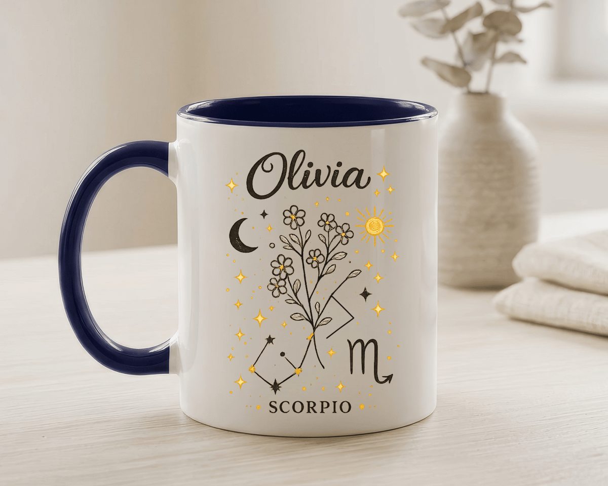 Personalized Scorpio Zodiac Mug, Custom Name Astrology Coffee Mug, Scorpio Birth Sign Gift for Her, Celestial Horoscope Cup
