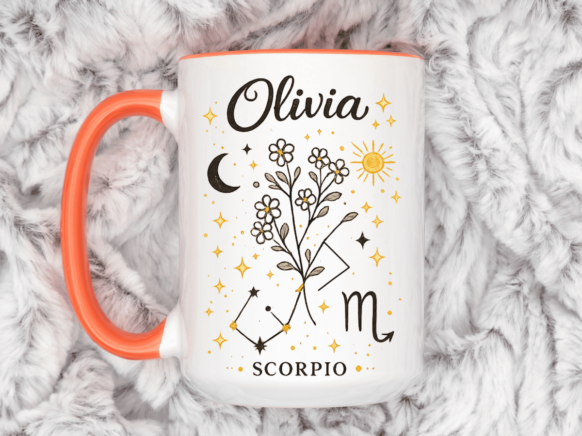 Personalized Scorpio Zodiac Mug, Custom Name Astrology Coffee Mug, Scorpio Birth Sign Gift for Her, Celestial Horoscope Cup
