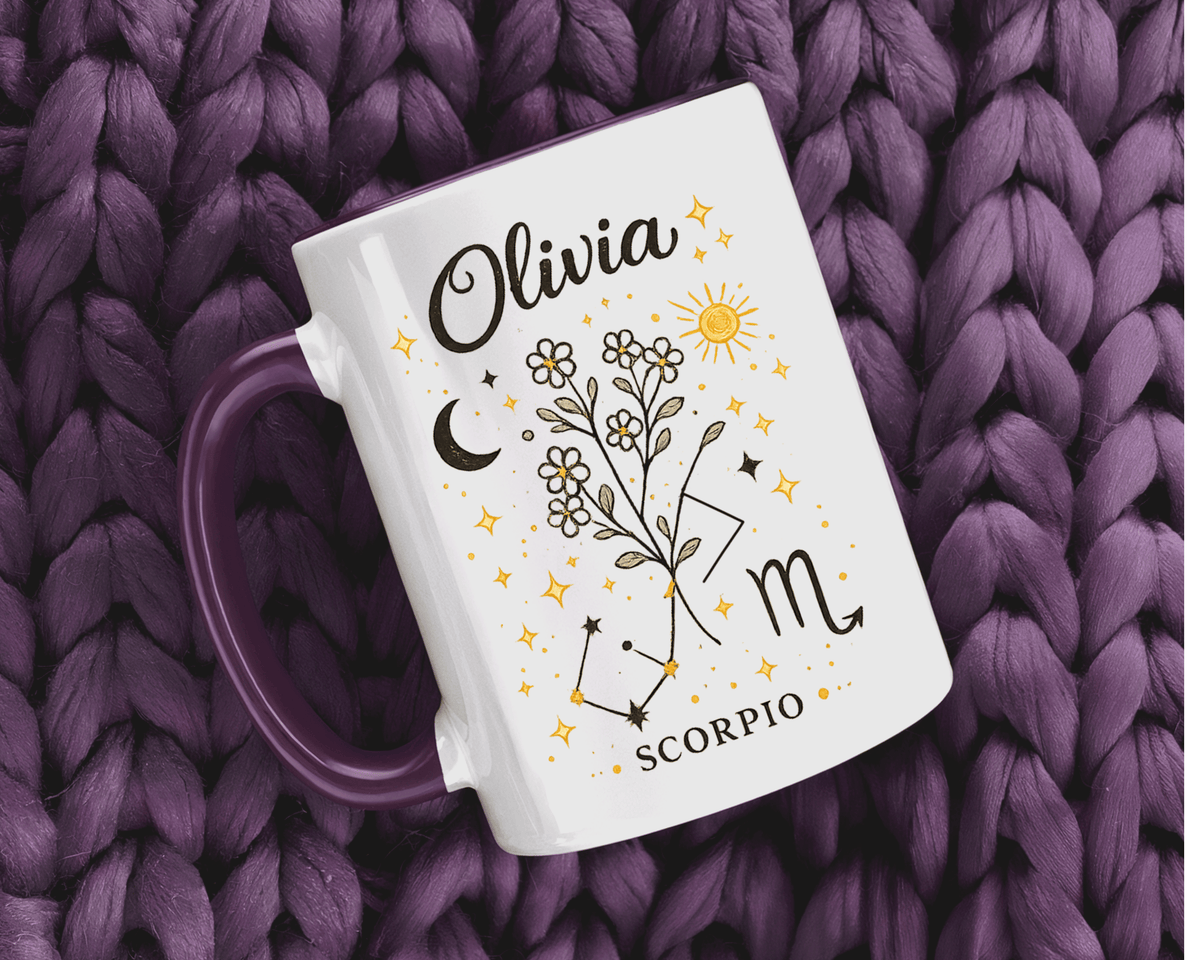 Personalized Scorpio Zodiac Mug, Custom Name Astrology Coffee Mug, Scorpio Birth Sign Gift for Her, Celestial Horoscope Cup