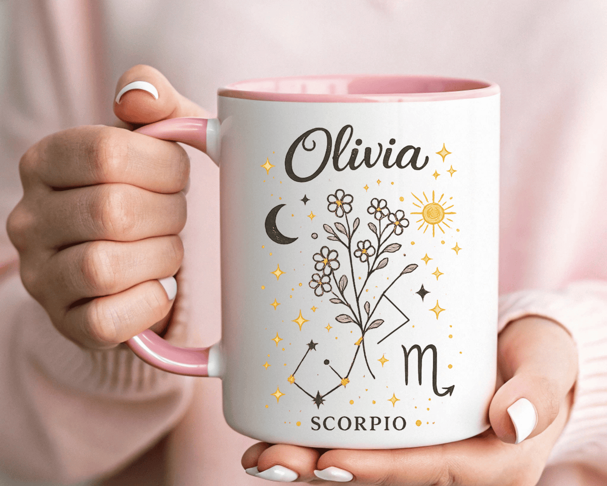 Personalized Scorpio Zodiac Mug, Custom Name Astrology Coffee Mug, Scorpio Birth Sign Gift for Her, Celestial Horoscope Cup