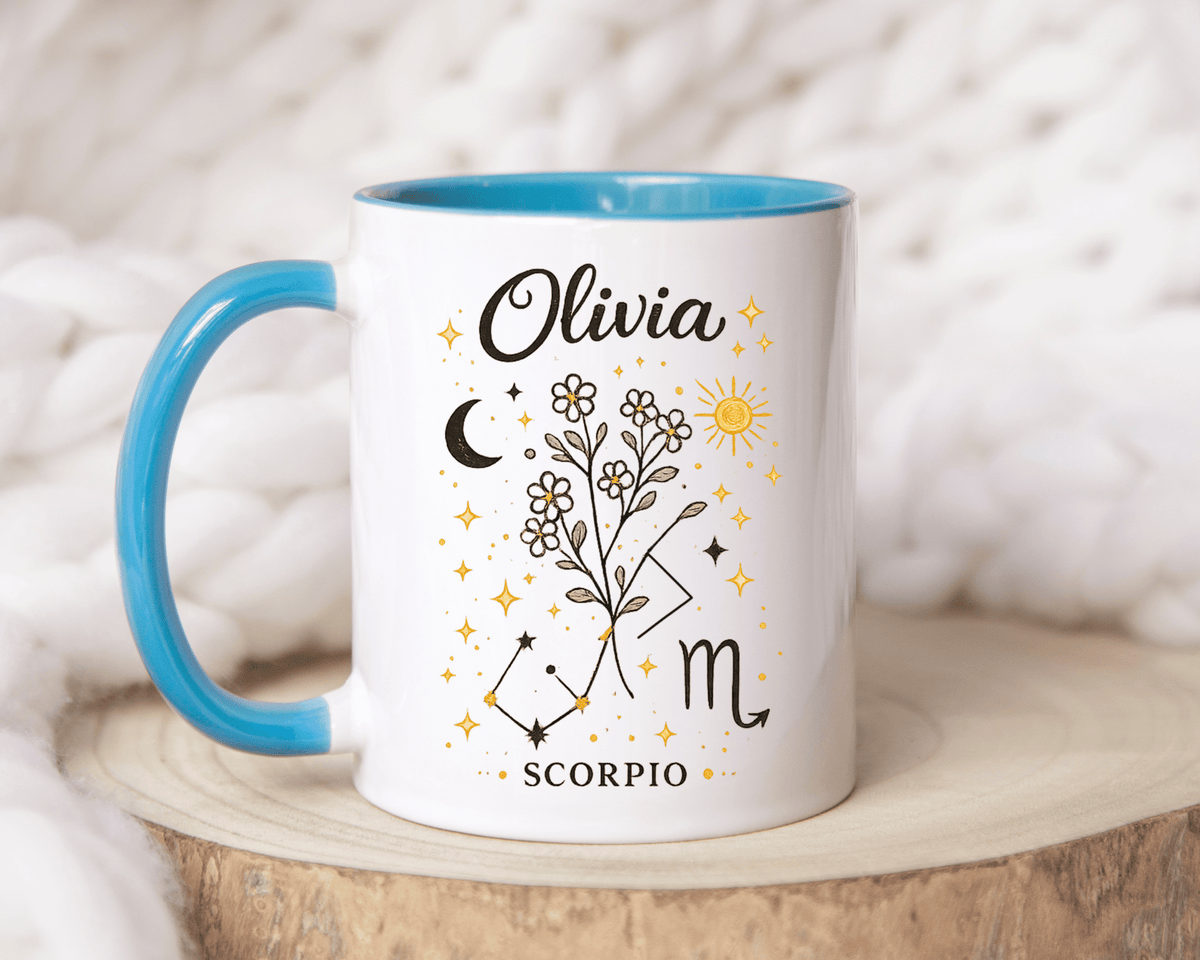 Personalized Scorpio Zodiac Mug, Custom Name Astrology Coffee Mug, Scorpio Birth Sign Gift for Her, Celestial Horoscope Cup