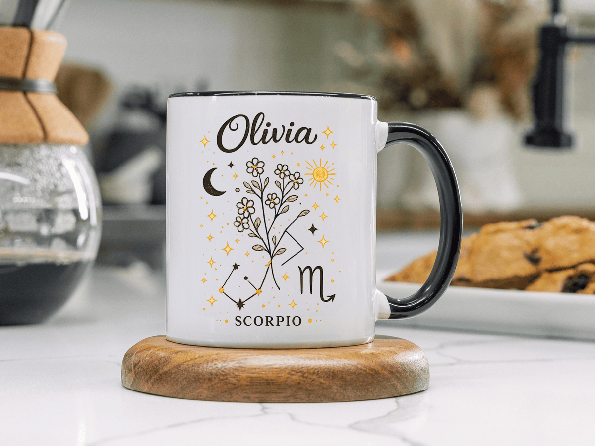 Personalized Scorpio Zodiac Mug, Custom Name Astrology Coffee Mug, Scorpio Birth Sign Gift for Her, Celestial Horoscope Cup