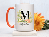 Personalized Floral Monogram Mug, Custom Initial Coffee Mug with Name, Elegant Botanical Gift for Women, Bridesmaid Birthday Gift