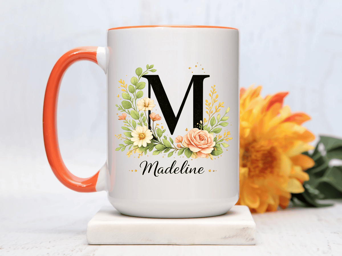 Personalized Floral Monogram Mug, Custom Initial Coffee Mug with Name, Elegant Botanical Gift for Women, Bridesmaid Birthday Gift