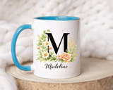 Personalized Floral Monogram Mug, Custom Initial Coffee Mug with Name, Elegant Botanical Gift for Women, Bridesmaid Birthday Gift