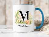 Personalized Floral Monogram Mug, Custom Initial Coffee Mug with Name, Elegant Botanical Gift for Women, Bridesmaid Birthday Gift