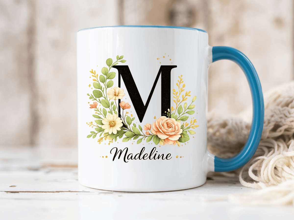 Personalized Floral Monogram Mug, Custom Initial Coffee Mug with Name, Elegant Botanical Gift for Women, Bridesmaid Birthday Gift