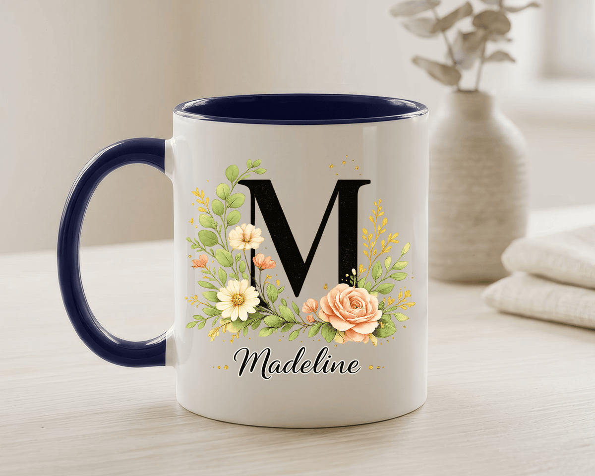Personalized Floral Monogram Mug, Custom Initial Coffee Mug with Name, Elegant Botanical Gift for Women, Bridesmaid Birthday Gift
