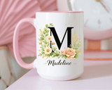 Personalized Floral Monogram Mug, Custom Initial Coffee Mug with Name, Elegant Botanical Gift for Women, Bridesmaid Birthday Gift