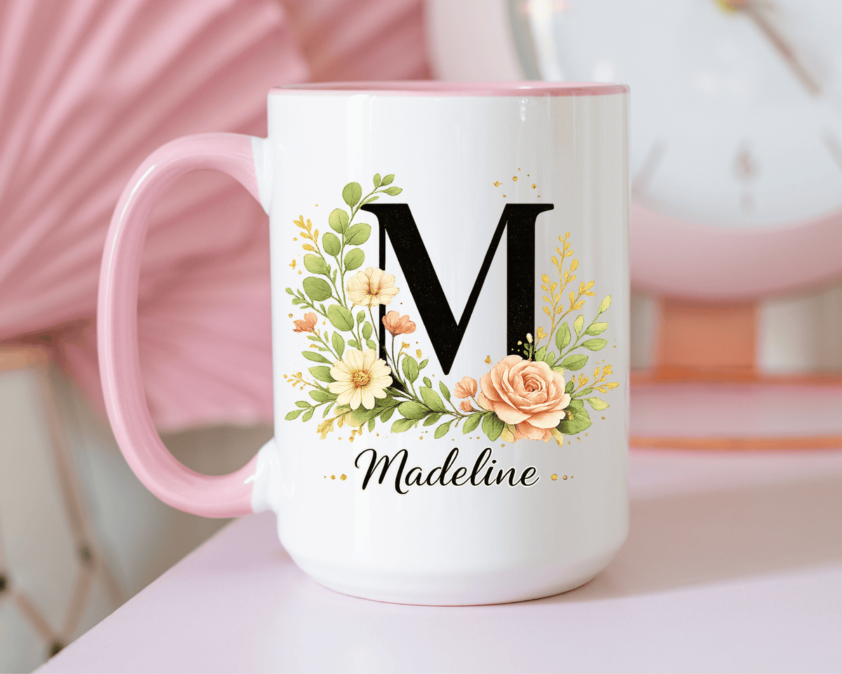 Personalized Floral Monogram Mug, Custom Initial Coffee Mug with Name, Elegant Botanical Gift for Women, Bridesmaid Birthday Gift