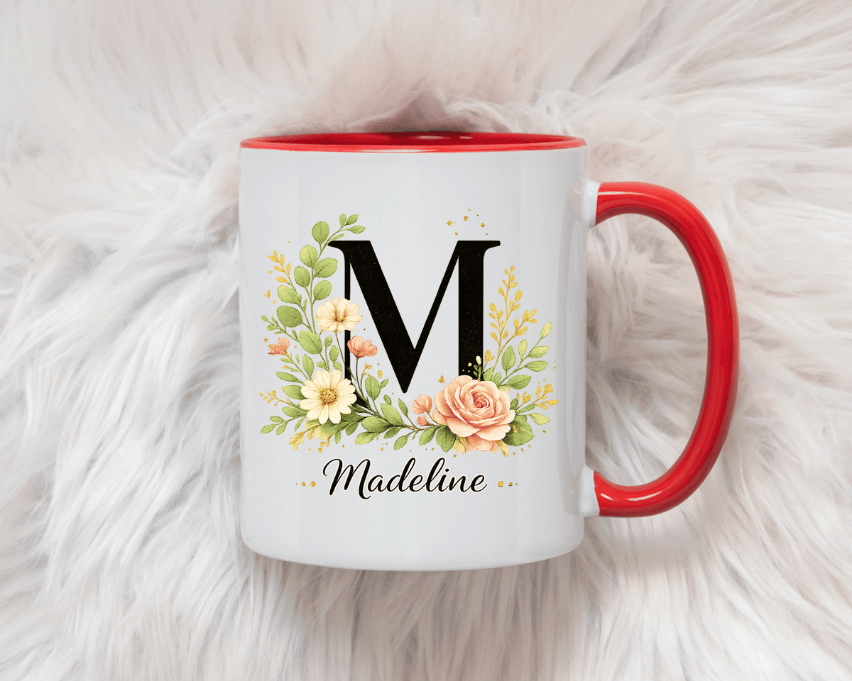 Personalized Floral Monogram Mug, Custom Initial Coffee Mug with Name, Elegant Botanical Gift for Women, Bridesmaid Birthday Gift