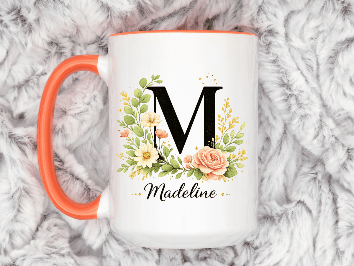 Personalized Floral Monogram Mug, Custom Initial Coffee Mug with Name, Elegant Botanical Gift for Women, Bridesmaid Birthday Gift