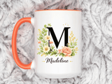 Personalized Floral Monogram Mug, Custom Initial Coffee Mug with Name, Elegant Botanical Gift for Women, Bridesmaid Birthday Gift