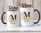 Personalized Floral Monogram Mug, Custom Initial Coffee Mug with Name, Elegant Botanical Gift for Women, Bridesmaid Birthday Gift