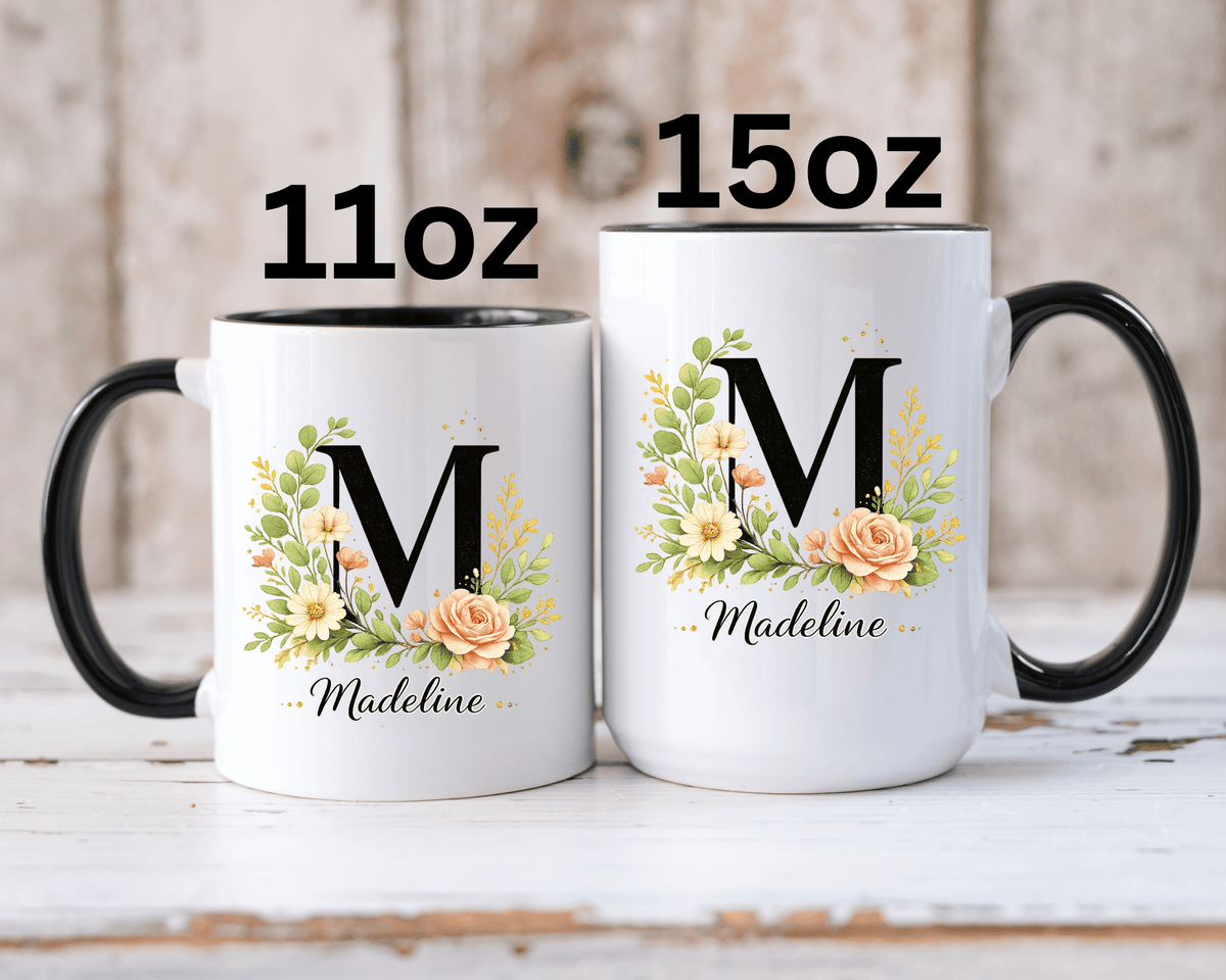 Personalized Floral Monogram Mug, Custom Initial Coffee Mug with Name, Elegant Botanical Gift for Women, Bridesmaid Birthday Gift
