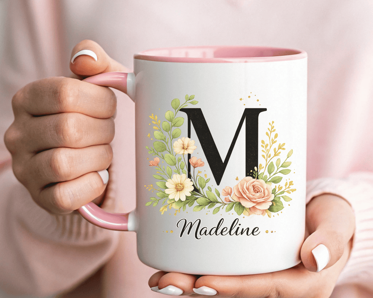 Personalized Floral Monogram Mug, Custom Initial Coffee Mug with Name, Elegant Botanical Gift for Women, Bridesmaid Birthday Gift