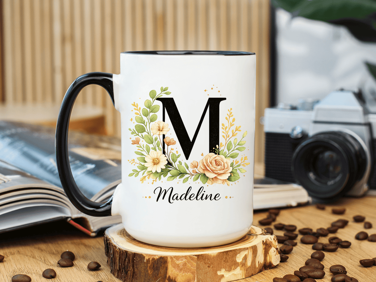 Personalized Floral Monogram Mug, Custom Initial Coffee Mug with Name, Elegant Botanical Gift for Women, Bridesmaid Birthday Gift