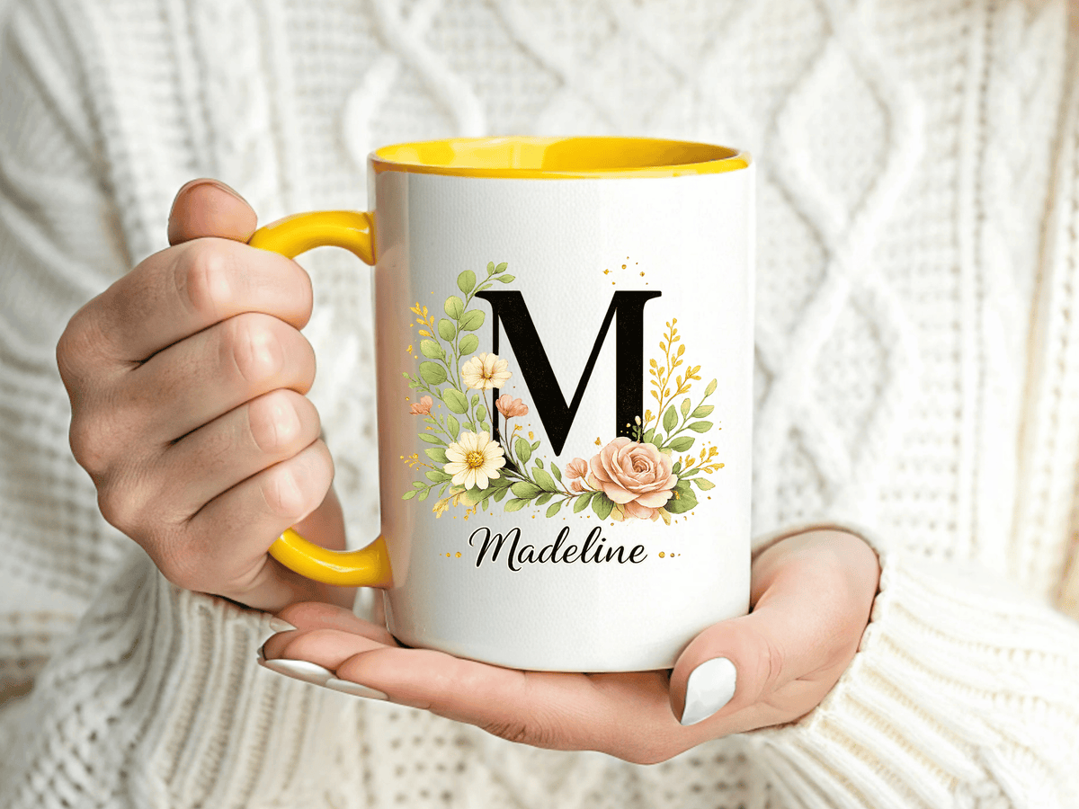 Personalized Floral Monogram Mug, Custom Initial Coffee Mug with Name, Elegant Botanical Gift for Women, Bridesmaid Birthday Gift