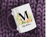 Personalized Floral Monogram Mug, Custom Initial Coffee Mug with Name, Elegant Botanical Gift for Women, Bridesmaid Birthday Gift