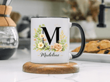 Personalized Floral Monogram Mug, Custom Initial Coffee Mug with Name, Elegant Botanical Gift for Women, Bridesmaid Birthday Gift