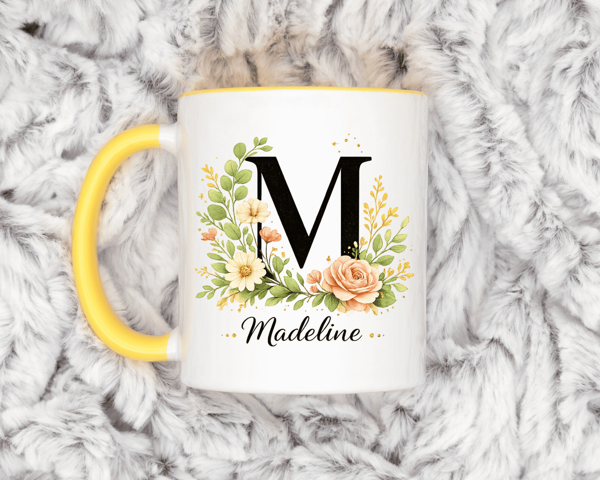 Personalized Floral Monogram Mug, Custom Initial Coffee Mug with Name, Elegant Botanical Gift for Women, Bridesmaid Birthday Gift