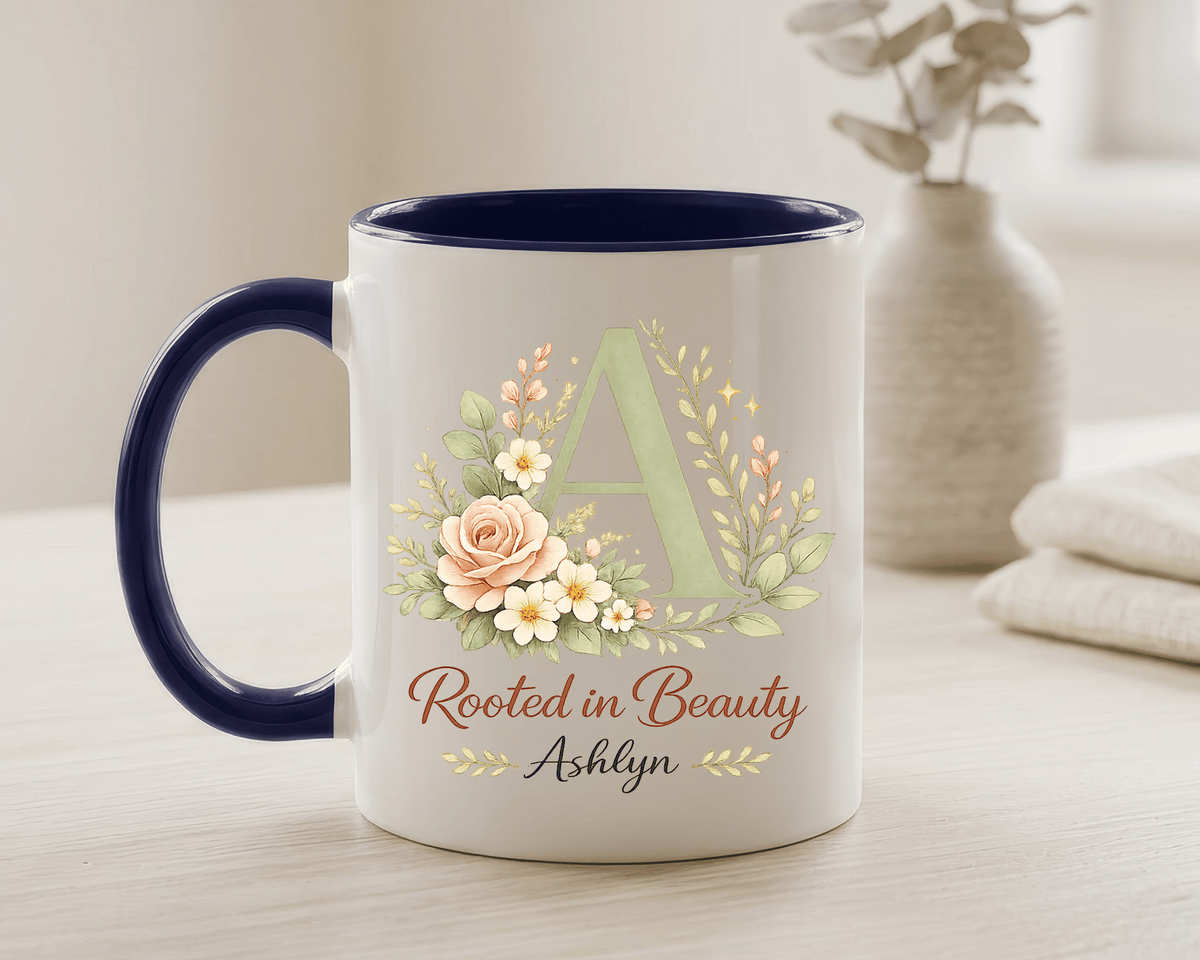 Personalized Floral Initial Mug, Custom Name Coffee Mug with Monogram Letter, Rooted in Beauty Gift for Women, Botanical Birthday Cup