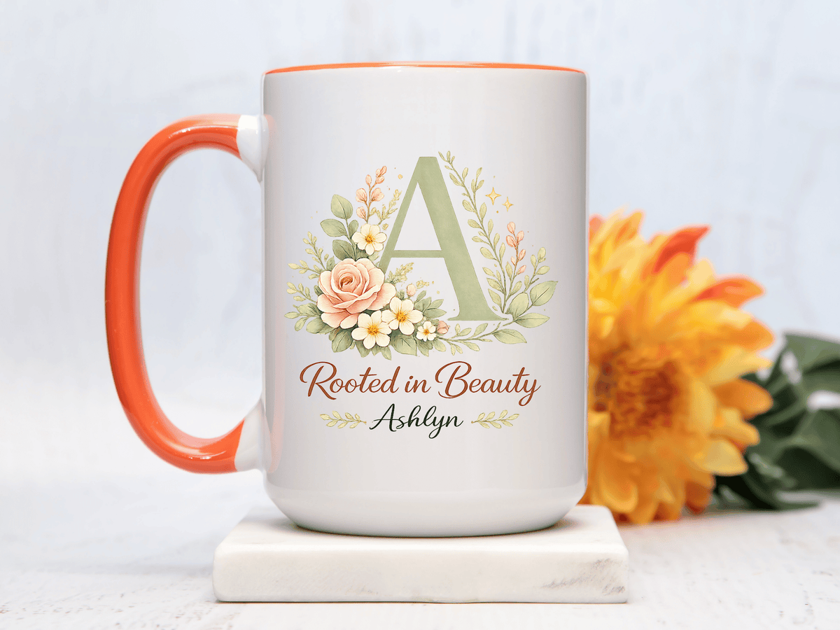 Personalized Floral Initial Mug, Custom Name Coffee Mug with Monogram Letter, Rooted in Beauty Gift for Women, Botanical Birthday Cup