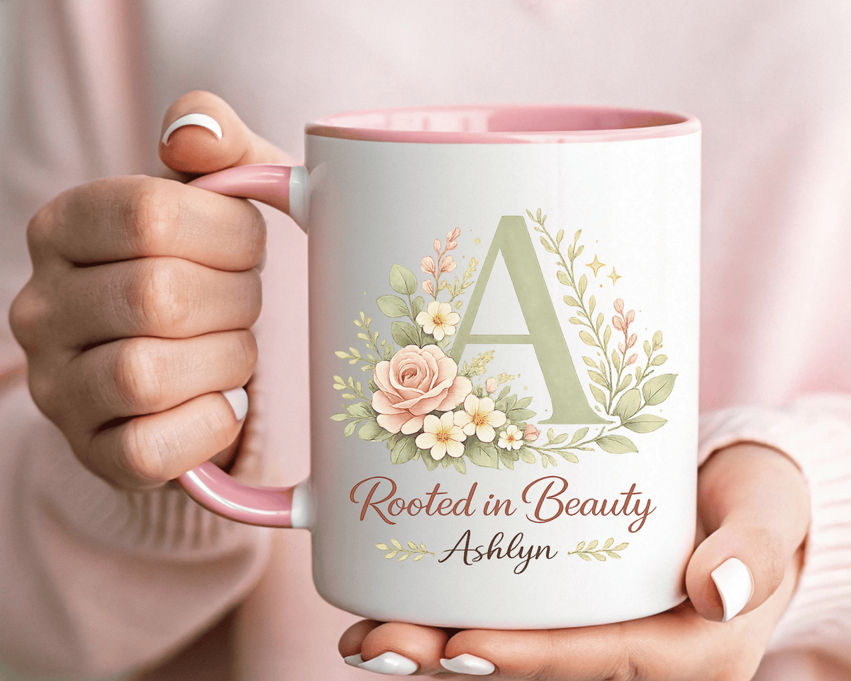 Personalized Floral Initial Mug, Custom Name Coffee Mug with Monogram Letter, Rooted in Beauty Gift for Women, Botanical Birthday Cup