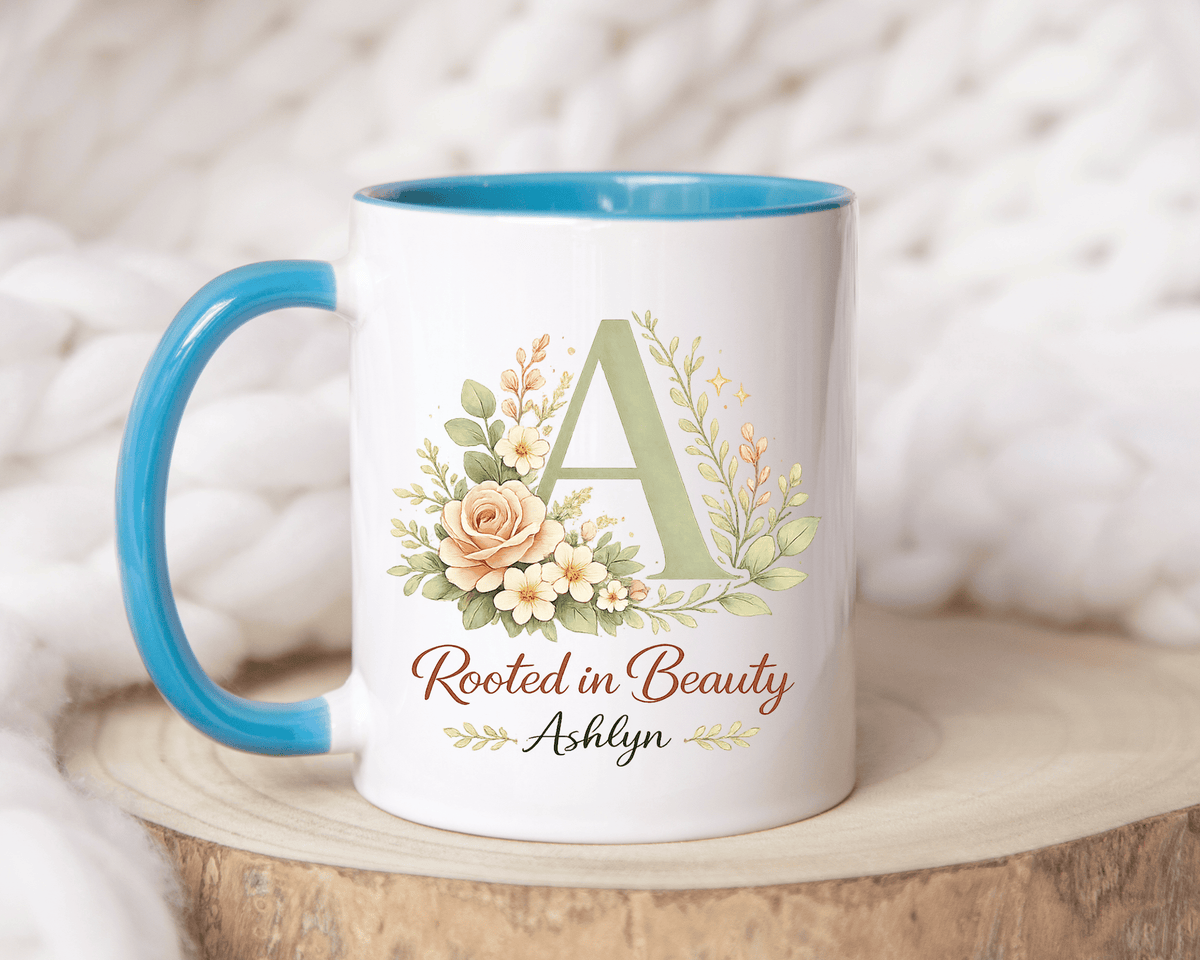 Personalized Floral Initial Mug, Custom Name Coffee Mug with Monogram Letter, Rooted in Beauty Gift for Women, Botanical Birthday Cup