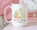 Personalized Floral Initial Mug, Custom Name Coffee Mug with Monogram Letter, Rooted in Beauty Gift for Women, Botanical Birthday Cup