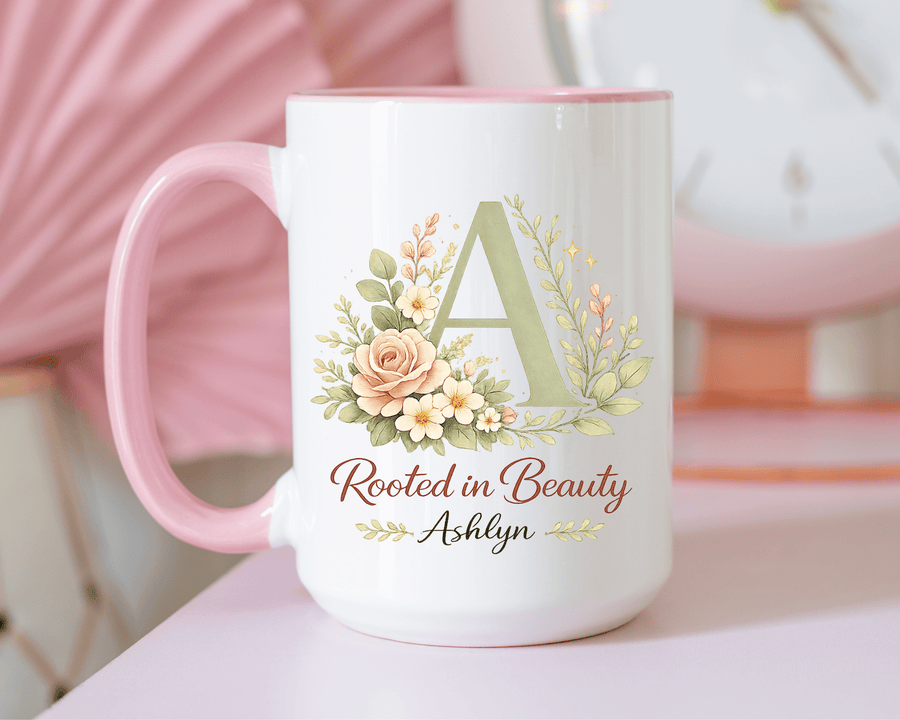 Personalized Floral Initial Mug, Custom Name Coffee Mug with Monogram Letter, Rooted in Beauty Gift for Women, Botanical Birthday Cup