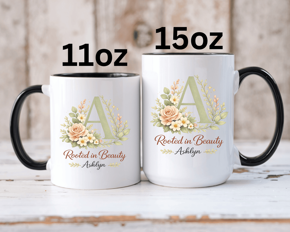 Personalized Floral Initial Mug, Custom Name Coffee Mug with Monogram Letter, Rooted in Beauty Gift for Women, Botanical Birthday Cup