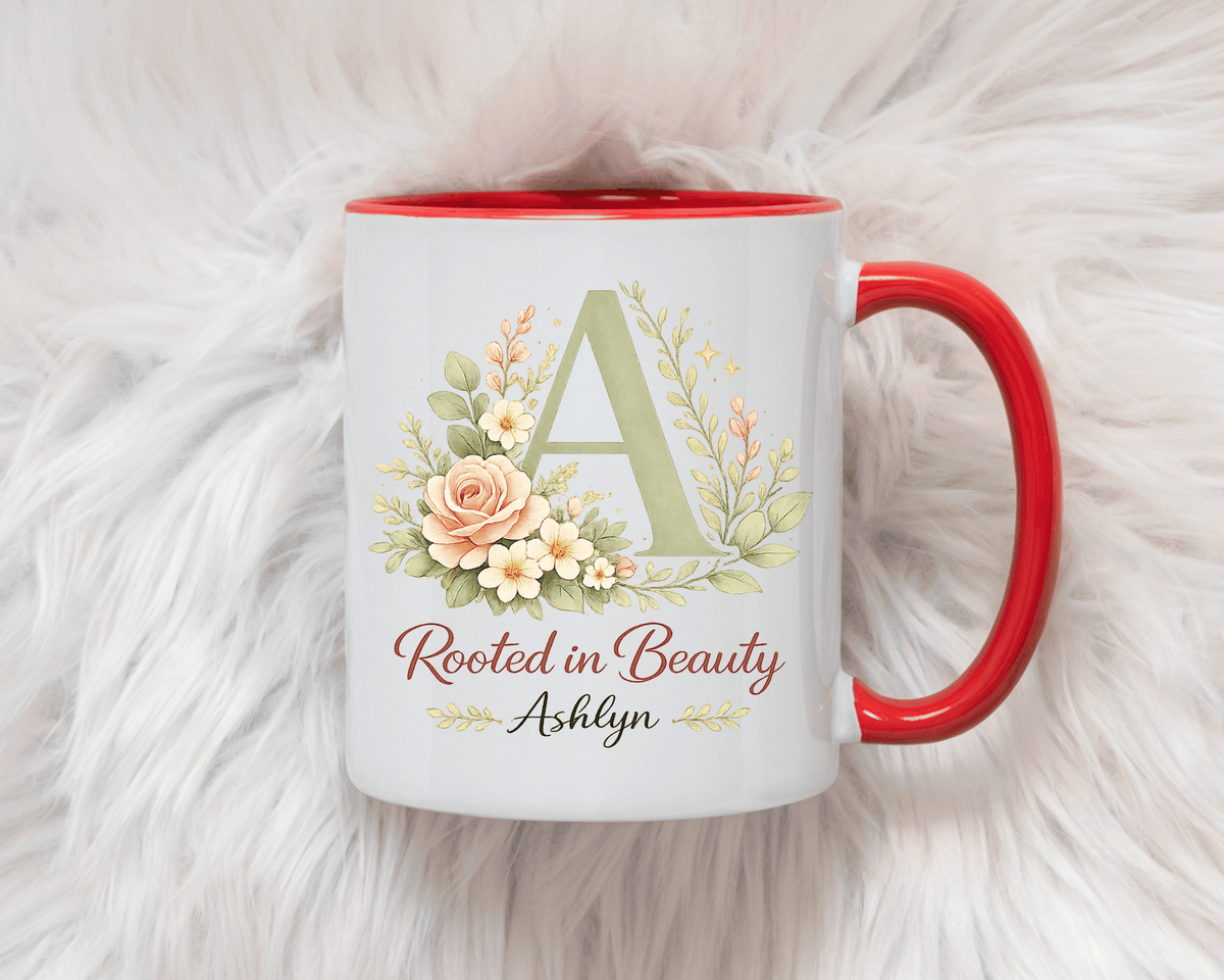Personalized Floral Initial Mug, Custom Name Coffee Mug with Monogram Letter, Rooted in Beauty Gift for Women, Botanical Birthday Cup