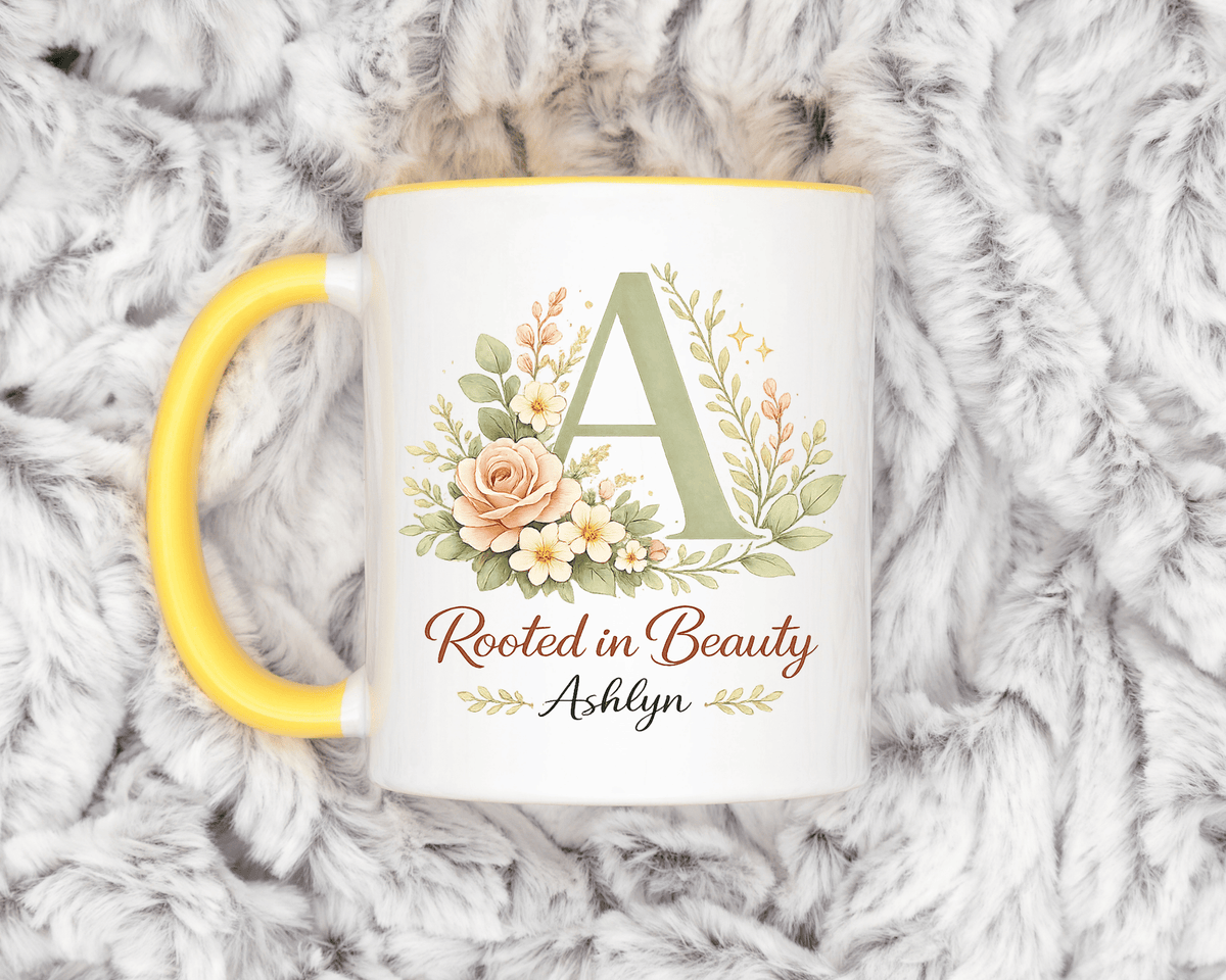 Personalized Floral Initial Mug, Custom Name Coffee Mug with Monogram Letter, Rooted in Beauty Gift for Women, Botanical Birthday Cup