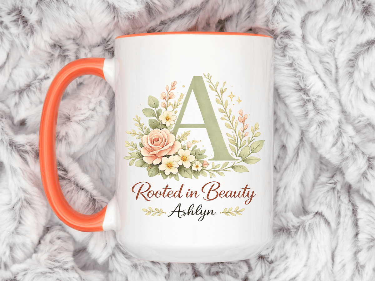 Personalized Floral Initial Mug, Custom Name Coffee Mug with Monogram Letter, Rooted in Beauty Gift for Women, Botanical Birthday Cup