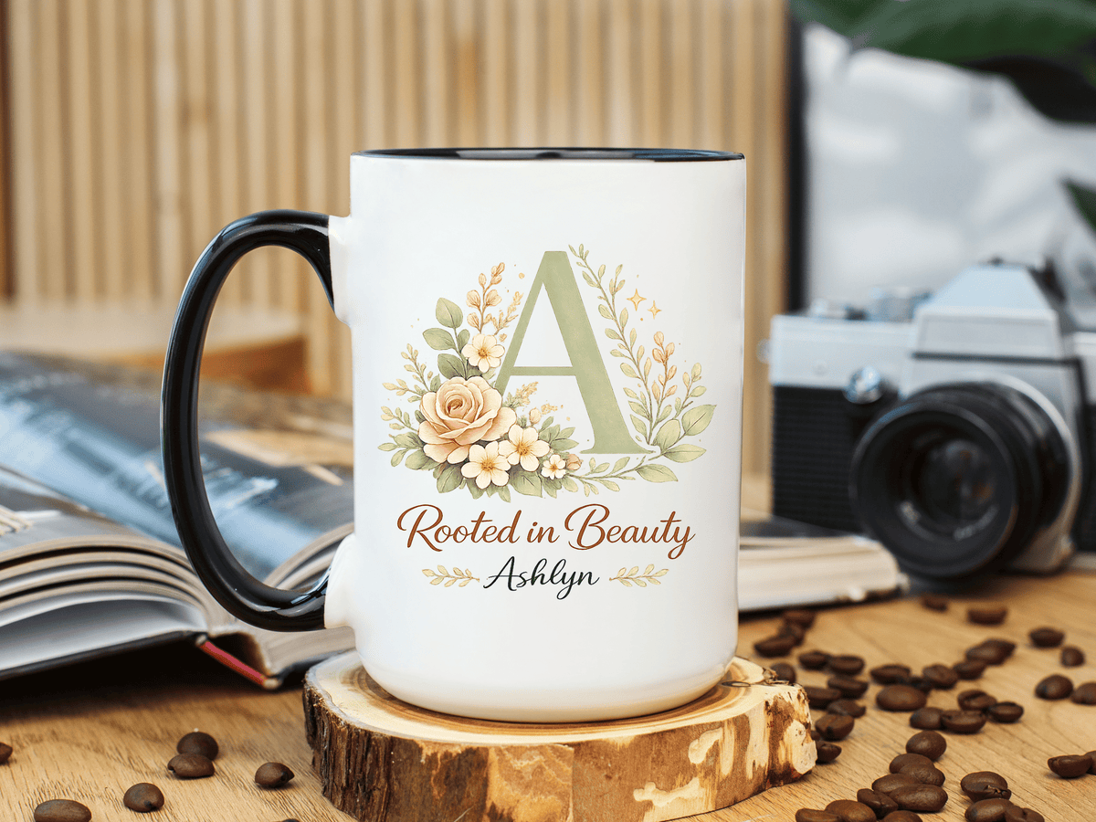 Personalized Floral Initial Mug, Custom Name Coffee Mug with Monogram Letter, Rooted in Beauty Gift for Women, Botanical Birthday Cup