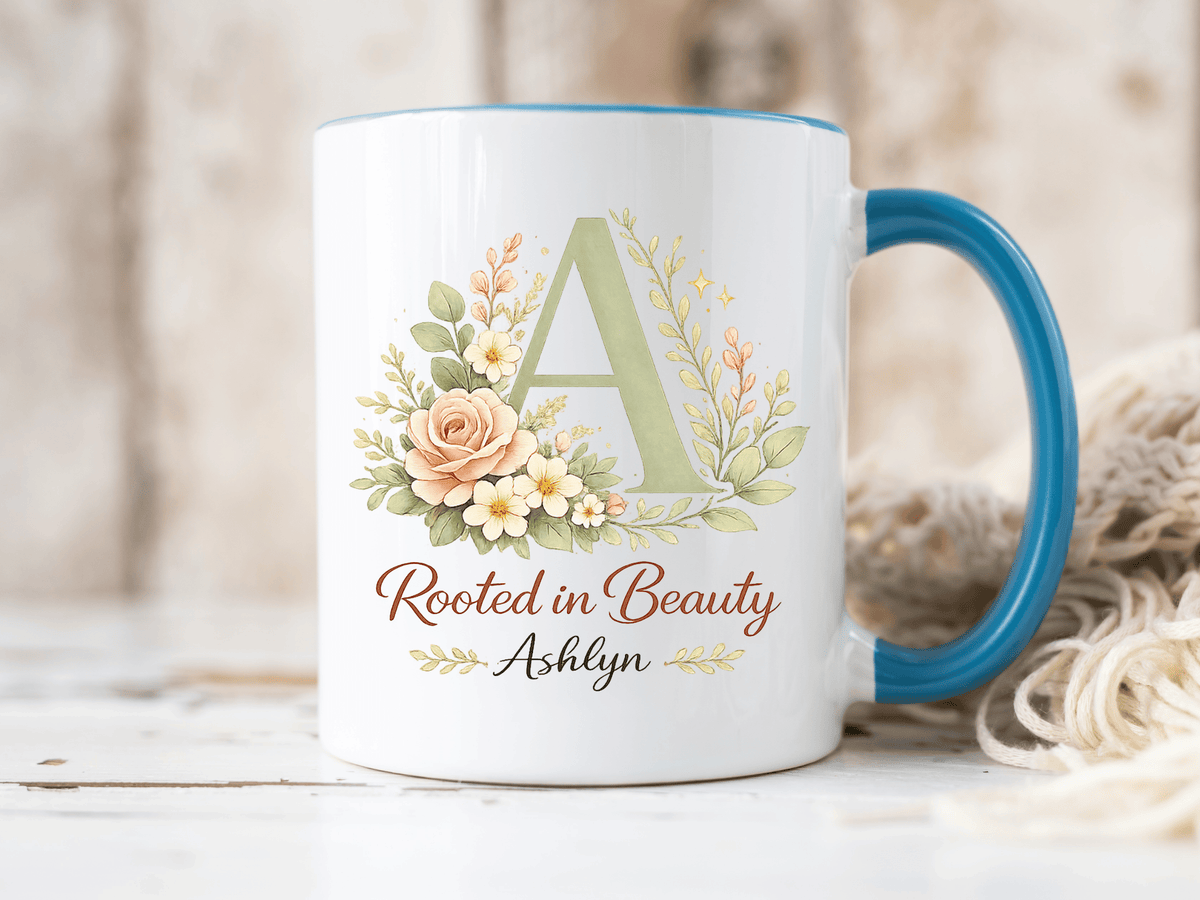 Personalized Floral Initial Mug, Custom Name Coffee Mug with Monogram Letter, Rooted in Beauty Gift for Women, Botanical Birthday Cup