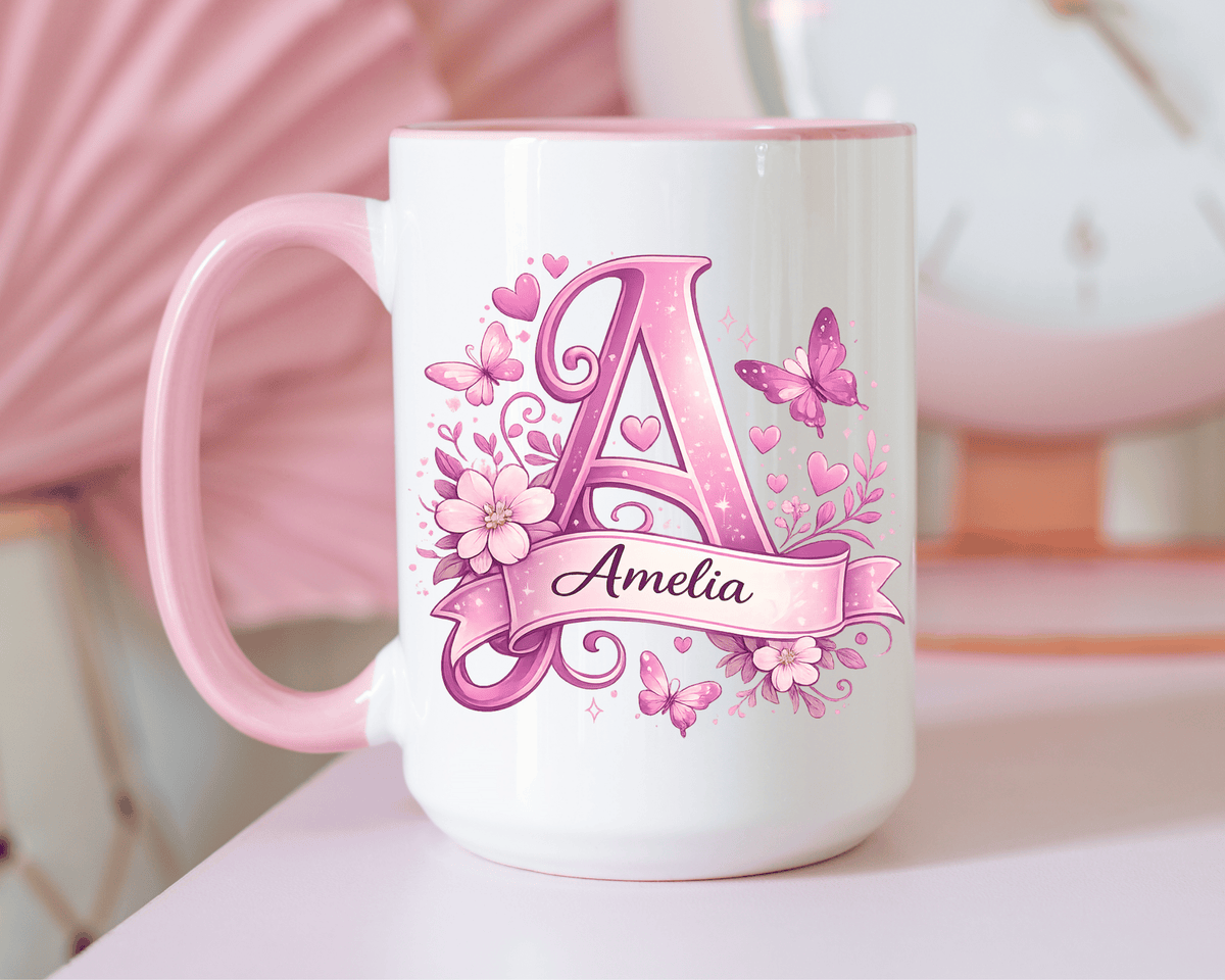 Personalized Butterfly Initial Mug, Custom Name Coffee Mug for Girls and Women, Floral Monogram Cup, Pink Aesthetic Gift, Custom Letter Mug
