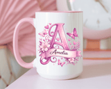 Personalized Butterfly Initial Mug, Custom Name Coffee Mug for Girls and Women, Floral Monogram Cup, Pink Aesthetic Gift, Custom Letter Mug