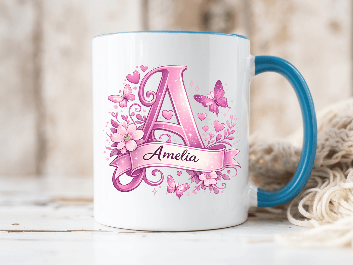 Personalized Butterfly Initial Mug, Custom Name Coffee Mug for Girls and Women, Floral Monogram Cup, Pink Aesthetic Gift, Custom Letter Mug