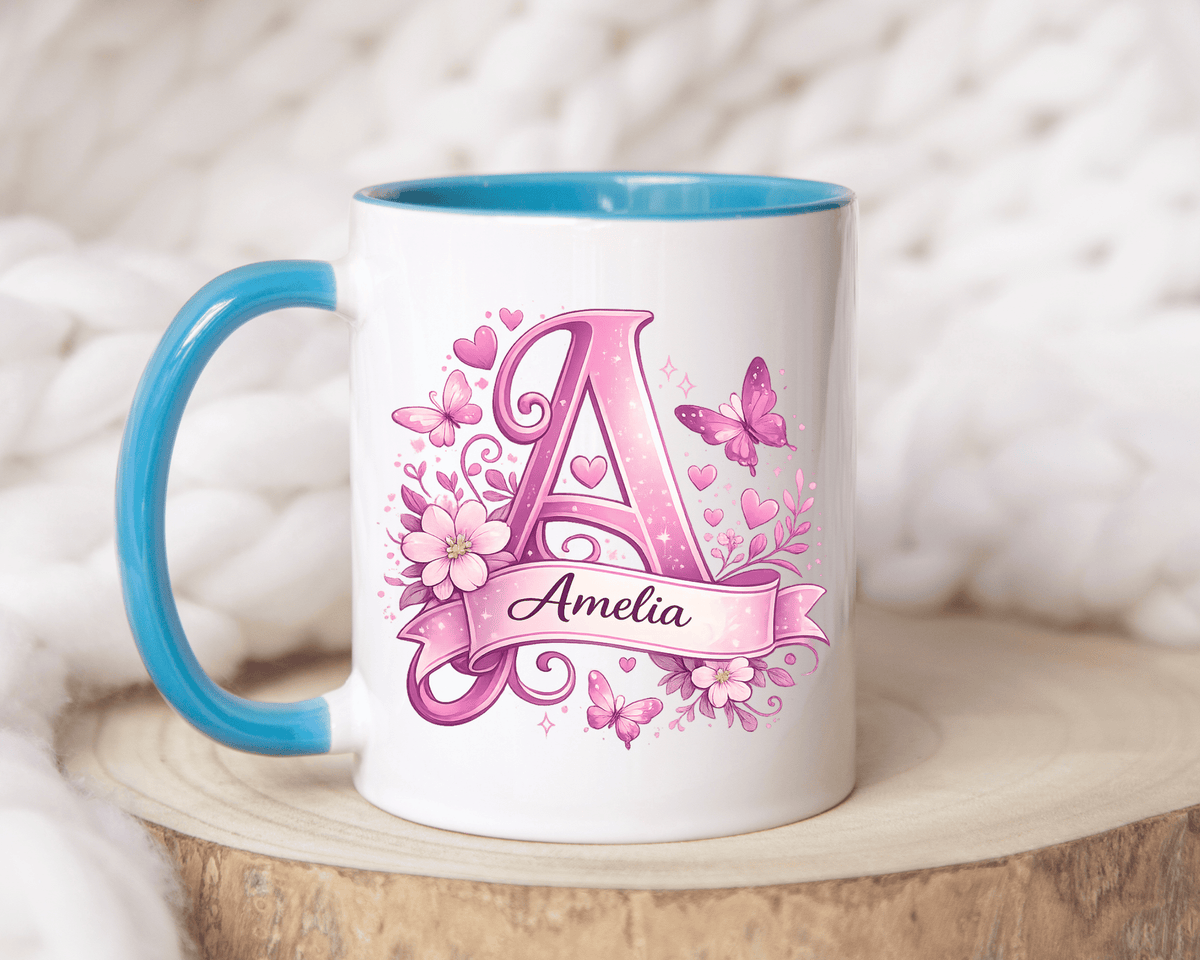 Personalized Butterfly Initial Mug, Custom Name Coffee Mug for Girls and Women, Floral Monogram Cup, Pink Aesthetic Gift, Custom Letter Mug