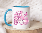 Personalized Butterfly Initial Mug, Custom Name Coffee Mug for Girls and Women, Floral Monogram Cup, Pink Aesthetic Gift, Custom Letter Mug