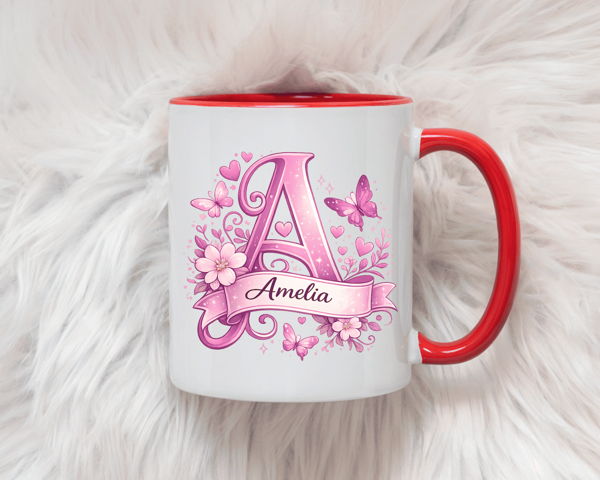 Personalized Butterfly Initial Mug, Custom Name Coffee Mug for Girls and Women, Floral Monogram Cup, Pink Aesthetic Gift, Custom Letter Mug