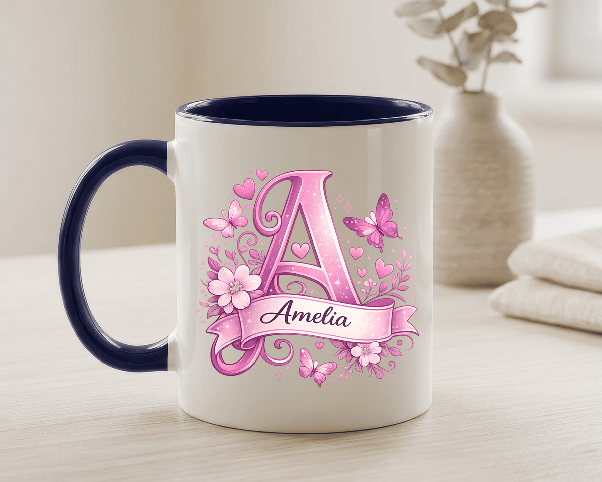 Personalized Butterfly Initial Mug, Custom Name Coffee Mug for Girls and Women, Floral Monogram Cup, Pink Aesthetic Gift, Custom Letter Mug