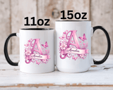 Personalized Butterfly Initial Mug, Custom Name Coffee Mug for Girls and Women, Floral Monogram Cup, Pink Aesthetic Gift, Custom Letter Mug