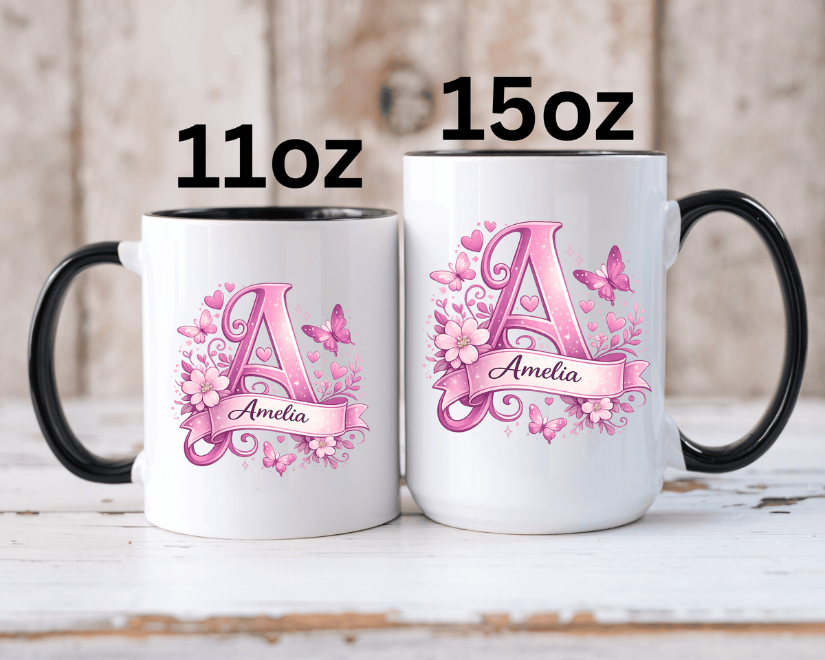 Personalized Butterfly Initial Mug, Custom Name Coffee Mug for Girls and Women, Floral Monogram Cup, Pink Aesthetic Gift, Custom Letter Mug