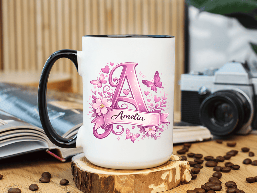 Personalized Butterfly Initial Mug, Custom Name Coffee Mug for Girls and Women, Floral Monogram Cup, Pink Aesthetic Gift, Custom Letter Mug